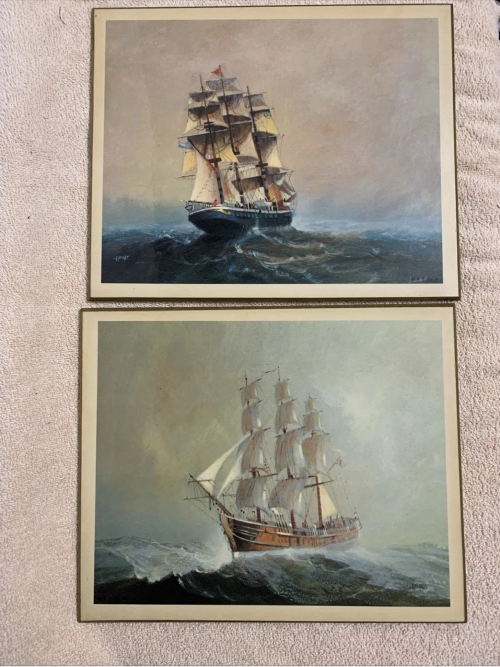 Source Unknown Maritime Ship Pair in Cream & Brown Tones